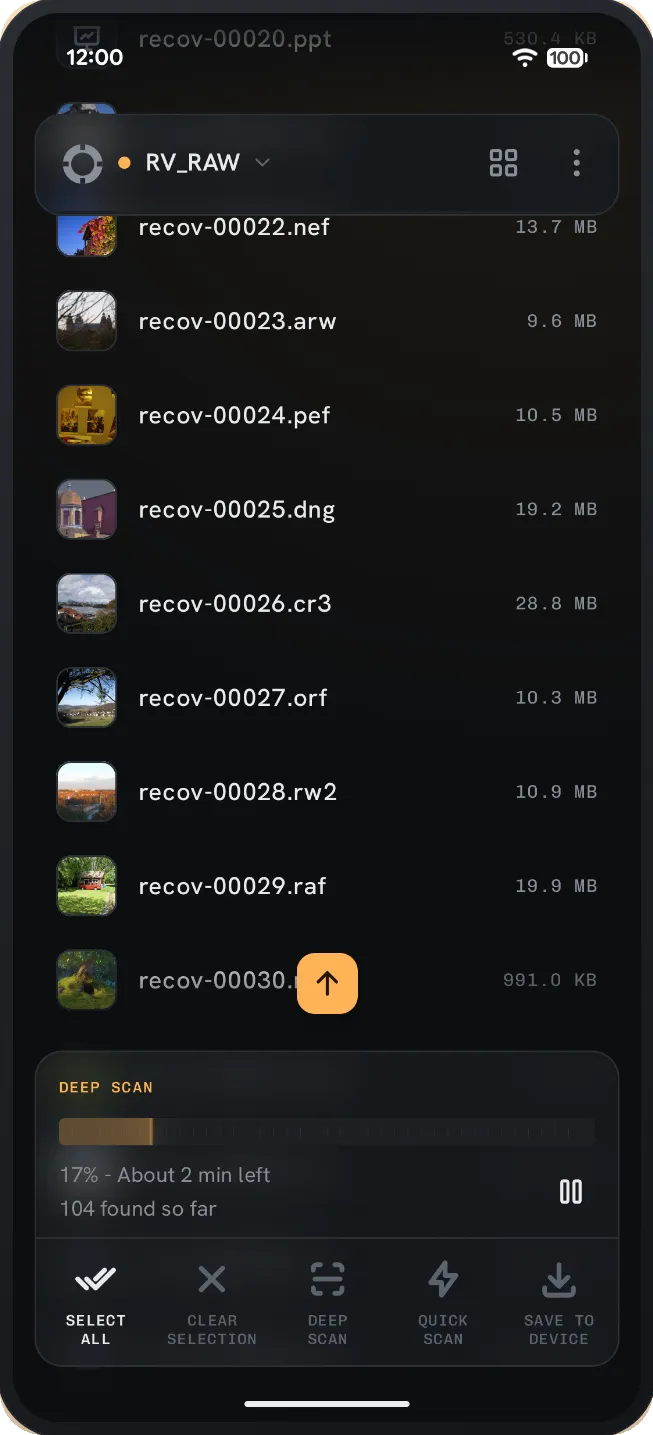 A deep scan rebuilding files from the raw surface of a formatted USB drive.