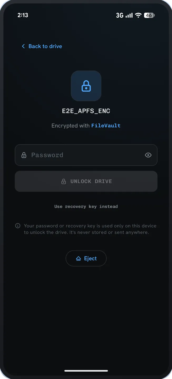 Unlocking a FileVault-encrypted APFS drive with a password in APFS Reader.