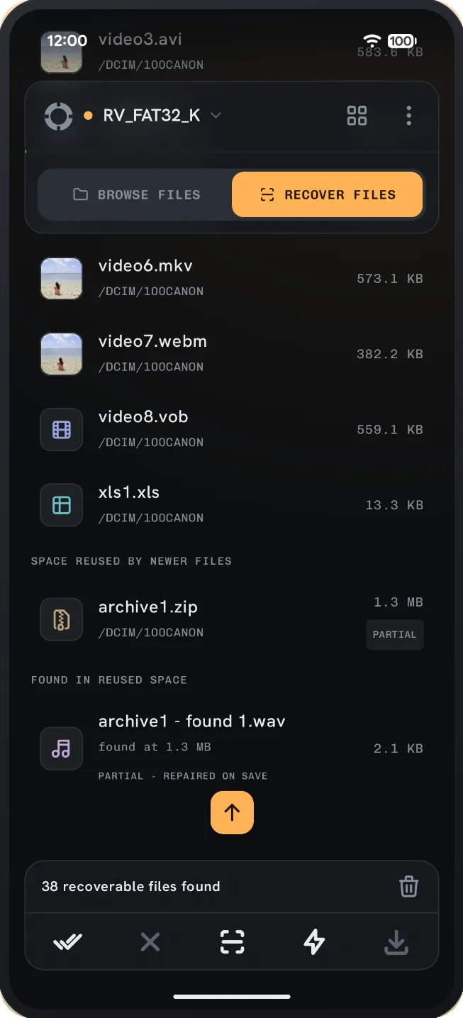 Recovered files graded as intact or partly overwritten, each with a quality badge.