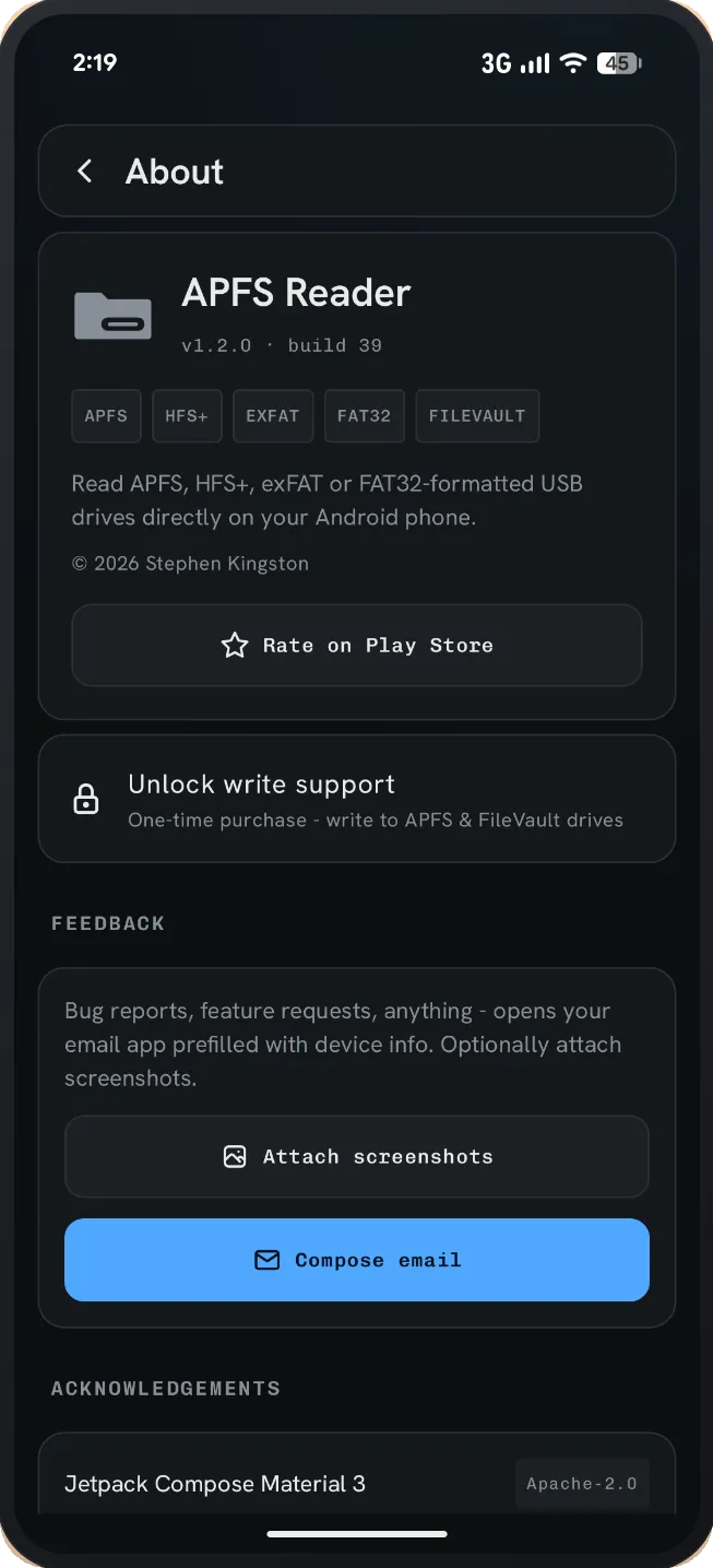 The one-time in-app purchase screen that unlocks APFS and HFS+ write support.
